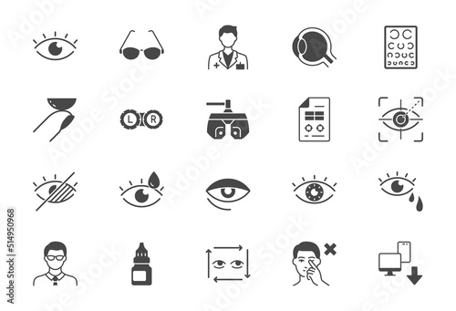 Ophthalmology flat icons. Vector illustration include icon - contact lens, eyeball, glasses, blindness, phoropter, laser surgery, eye check, glyph silhouette pictogram for optometrist equipment