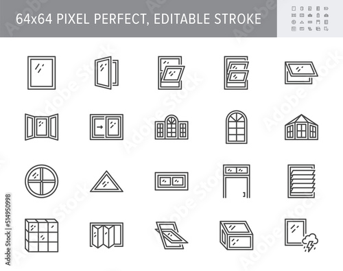 Window types line icons. Vector illustration include icon - sliding, paladian, awning, basement, transom, accordion, skylight, outline pictogram for architecture. 64x64 Pixel Perfect, Editable Stroke photo