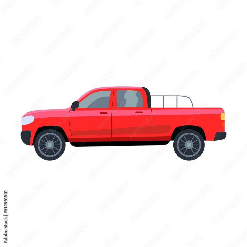 Colorful modern cars flat icon. Side view of SUV, hatchback, pickup and sedan isolated vector illustration. Automobiles and vehicles