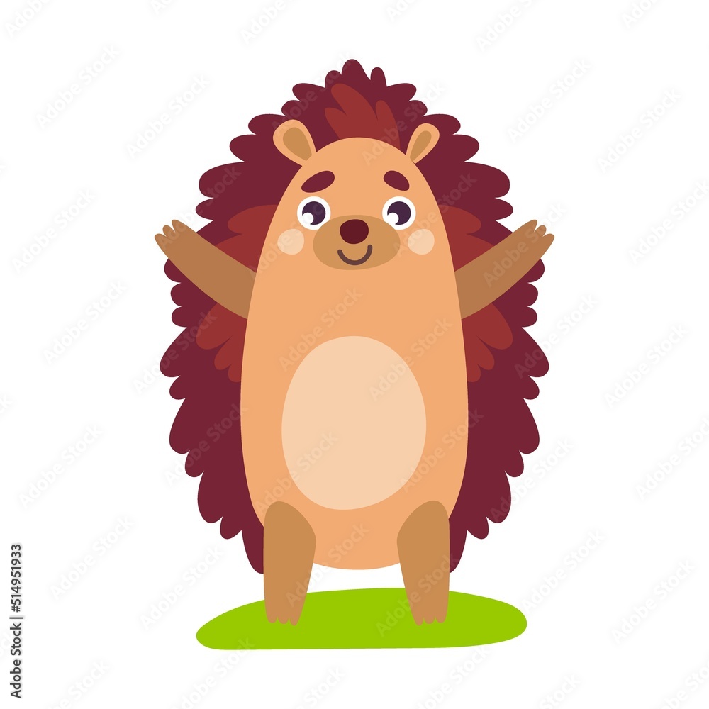 Cartoon hedgehog doing exercises. Cute wild animal catching butterfly, walking, hugging soulmate, sleeping and holding hazelnut vector Cartoon hedgehog doing exercises. Cute wild animal catching butterfly, walking, hugging soulmate, sleeping and holding hazelnut vector