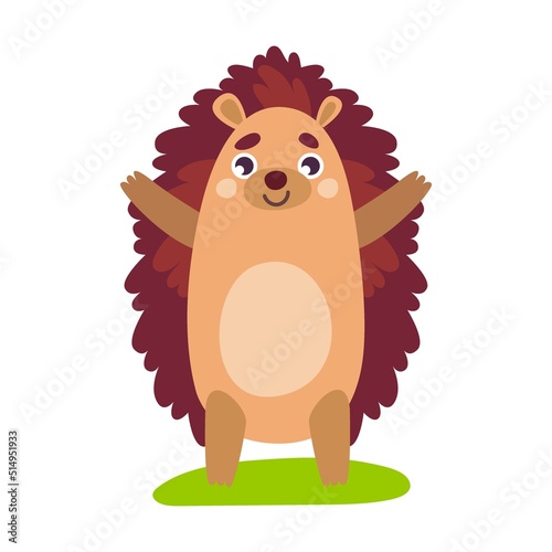 Cartoon hedgehog doing exercises. Cute wild animal catching butterfly, walking, hugging soulmate, sleeping and holding hazelnut vector