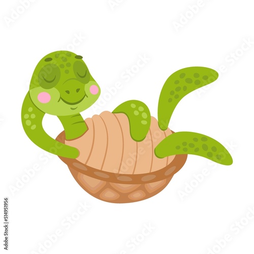 Baby turtle. Cute funny tortoise cartoon character sleeping, dancing, swimming, hiding in shell, hatching. Vector illustrations for nature