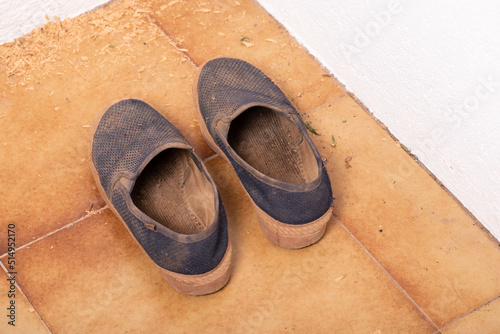 zapatillas viejas de hombre mayor, comodas, rural, usadas en el huerto y sucias de tierra.
Rachola vieja marrón photo