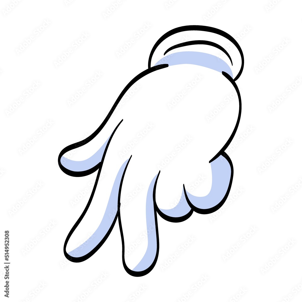 Fototapeta premium Human character hand pointing with finger waving vector illustration. Cartoon hand in white gloves flat icon