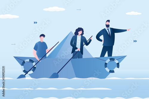 Business team with leader sailing on paper boat in ocean of opportunities to goals. Businesspeople in the suits on origami paper ship. Idea of teamwork and leadership.
