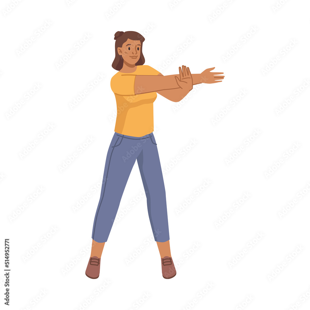 Girl warming up and stretching arms, isolated woman doing sports and exercises for flexibility. Healthy and active lifestyle, keeping fit. Flat cartoon character, vector illustration Girl warming up and stretching arms, isolated woman doing sports and exercises for flexibility. Healthy and active lifestyle, keeping fit. Flat cartoon character, vector illustration