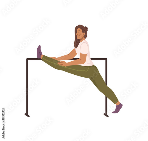 Female personage working up, warming up and improving flexibility. Isolated woman stretching outdoors, exercises and fitness active lifestyle. Flat cartoon character, vector illustration
