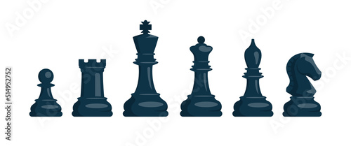 Chess. Set of black chess pieces. Knight, rook, pawn, bishop, king, queen. Vector image.