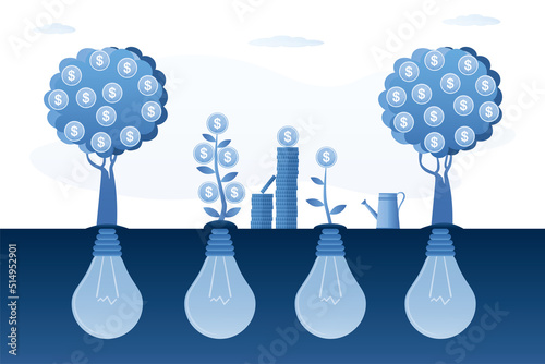 Profitable startups grow from fresh business ideas. Glowing light bulbs and growing money trees. Development of new businesses, investment in creativity and innovation
