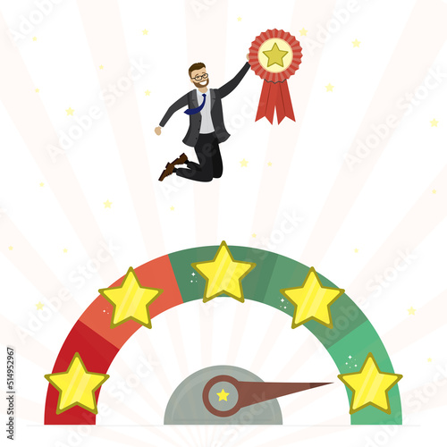 Businessman jumping and holds medal with star. Arrow on measuring scale indicates highest rating. Best employee with award. Review, high quality product or service. Online survey
