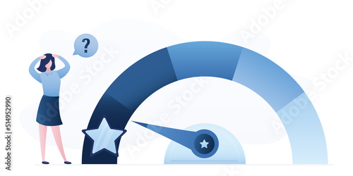 Business owner or freelancer with poor rating. One star out of five, low rank. Unreliable female borrower. Measurement scale. Online survey, reviews, internet voting. Feedback concept.