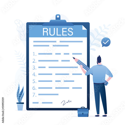Male manager signed rules and regulations document. Policy and guideline for employee to follow. Legal term, corporate compliance or laws, standard procedure. Businessman with pencil