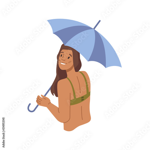 Female personage hiding under parasol, protecting skin from sunshine. Isolated woman wearing swimming suit, tanning and precautions on beach. Flat cartoon character, vector illustration