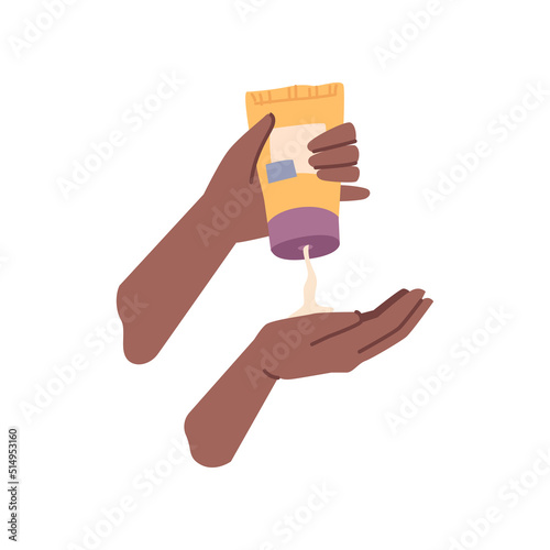 Cosmetics for skin, protective sunscreen or sunblock helping to cope with sunburns. Isolated hands applying moisturizer creme. Flat cartoon character, vector illustration
