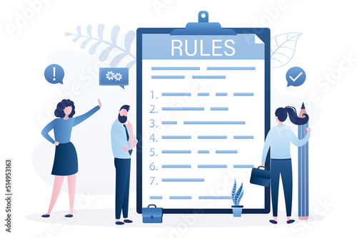Rules and regulations document. Staff read policy and guideline for employee to follow. Legal term, corporate compliance or laws, standard procedure. Approving and disagreement with new rules.