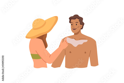Man and woman n vacation by seaside, isolated people caring for skin protecting it from sun. Using sunblock or sunscreen, lotion with SPF against UV. Flat cartoon character, vector illustration