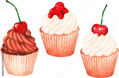 Cherry Cupcakes set. Watercolor vector illustration. Isolated on a white background.