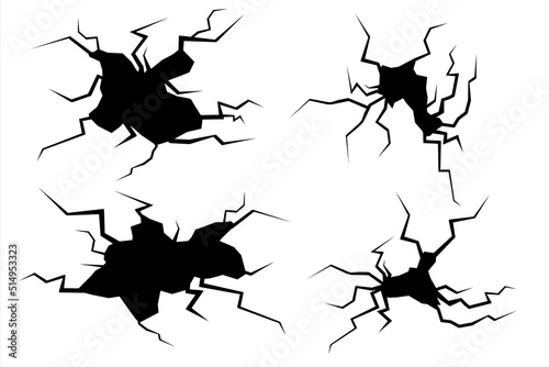 Realistic cracks in the wall. Ground cracks set. Earthquake cracking holes. Grunge style mask overlay with cracked texture
