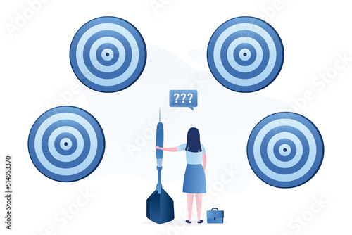 Businesswoman with big dart standing in front of targets. Woman chooses right path to success. Achievement of goals. Female character back view in trendy style. Business scene.