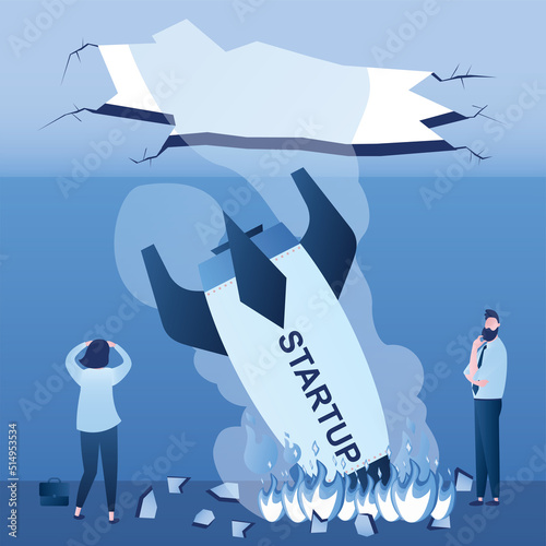 Failed startup. Rocket crashed down and went through roof of the company building. Sad people investors look at burning spaceship. Unprofitable new business, bad decisions. Bad management.