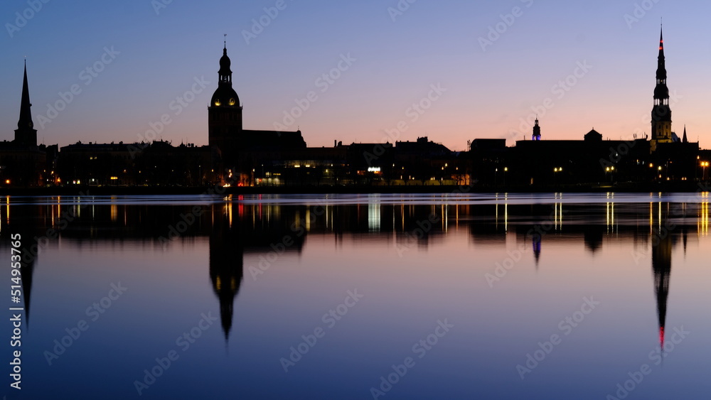 Spring sunrise in old Riga over the Daugava