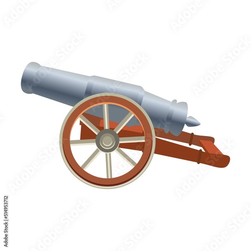 Cannon on wheels in cartoon style. Vector illustration of old weapons. Illustration of war equipment for pirate ships of fortresses