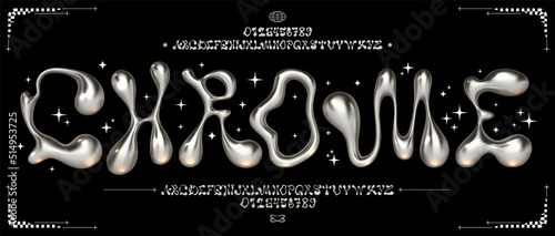 Chrome Y2K font. Liquid metal alphabet, melted steel letters and funky numbers. Glossy 3D flux typeface vector set