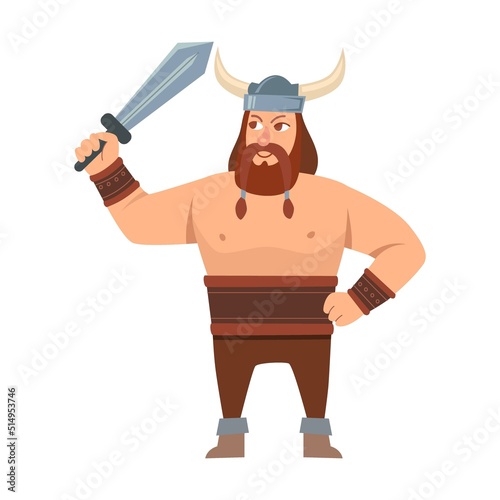 Cartoon Viking vector illustration. Medieval soldier in costume or warriors isolated on white background. Scandinavian mythology