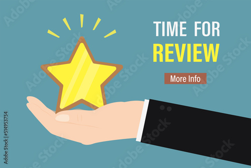 Time for review. Big hand holds golden star. Testimonials, feedback, landing page template. Rating system. Online survey. Increase your rank.