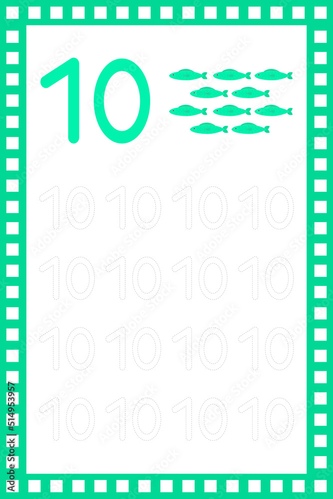 Obraz premium Number 10 lowercase. Worksheet. Children's education. Fish illustration. Vector typeset. Preschool training.