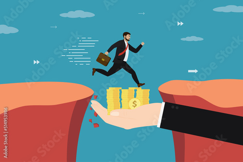 Hand helping businessman overcoming obstacles. Money gap, financial help for business or citizen. Bank loan, credit line. Way to wealth. Teamwork, collaboration. Business risk and success.