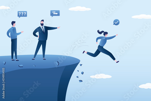 Wrong decision making, concept. Stupid or crazy boss manager pointing order employees to jump off cliff. Incompetent leader. Mistake lead company and employees to sabotage, © naum