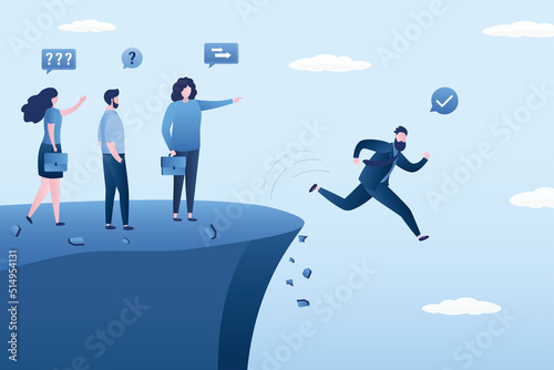 Wrong decision making, concept. Stupid or crazy boss manager pointing order employees to jump off cliff. Incompetent leader. Mistake lead company and employees to sabotage, © naum