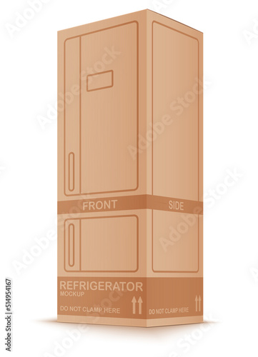 3d Cardboard Refrigerator Box. Eco Friendly Carton Package. Vector Illustration Isolated On White Background. Perspective View