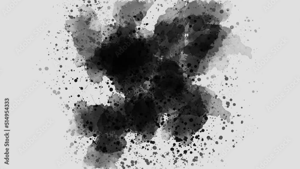 Black ink drops splatter on white background. Abstract slow motion ink splatter transition. ink brush stroke, fluid art background, overlay, alpha matte composition.