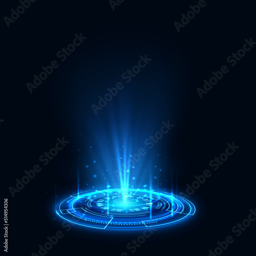 Neon teleportation portal, light aura and hologram. Vector illustration of light aura and glowing hologram on black background. Futuristic lighting and bright wrap, teleport sign