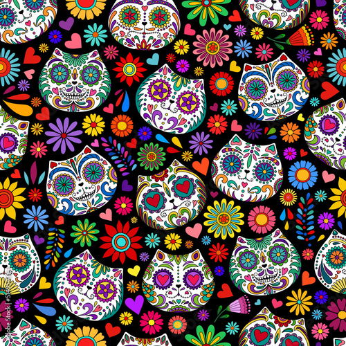 Day of the Dead skulls pattern. Mexican dead Cat. Dia de los muertos print. Day of the dead and Mexican tradition festival. Day of the dead sugar skull isolated. Dia de los Muertos tattoo skulls.