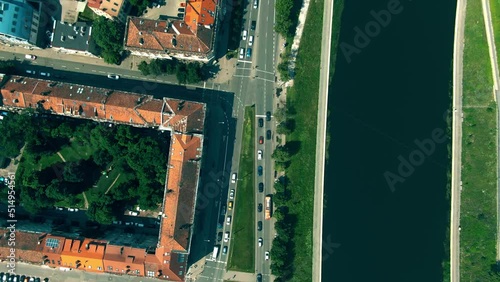 Aerial top down view of the river Neris embankment in the city of Vilnius, Lithuania photo