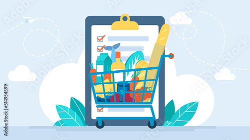 Food shopping list. App for purchase. Folder with records. Self-service supermarket full shopping trolley cart with fresh grocery products. Rational use of resources. Vector illustration. Flat design