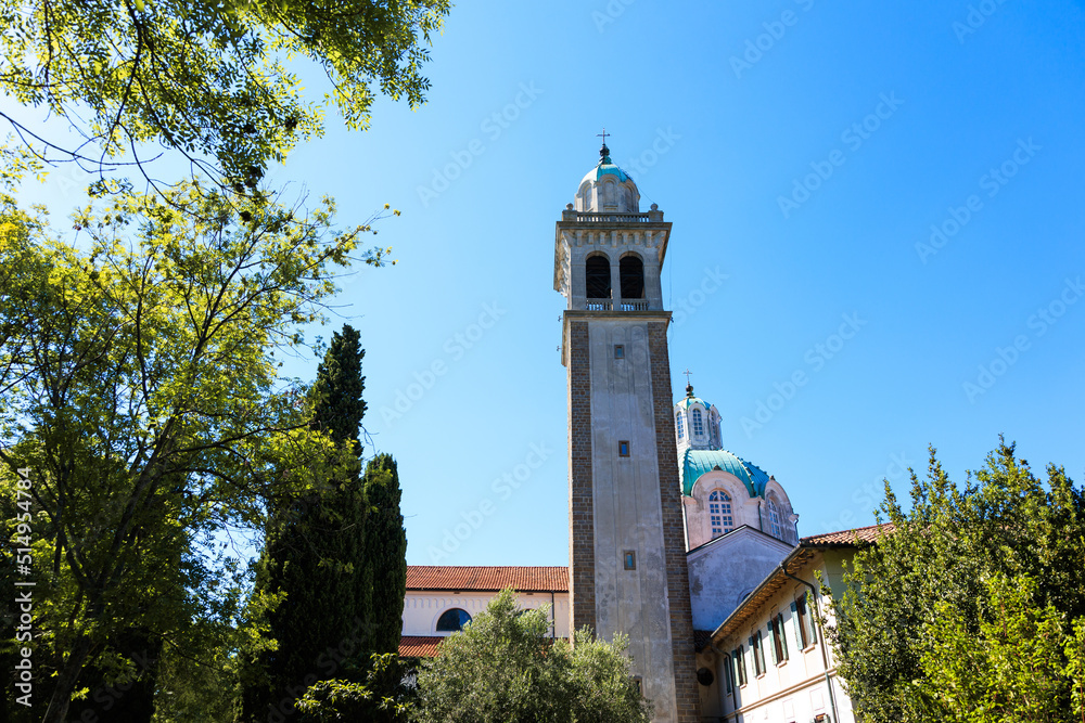 view of the bell tower and the dome of the sanctuary on the island of Barbana. Friuli Grado
