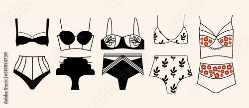 A large set of lingerie with lace and velvet. Fashionable handmade underwear.