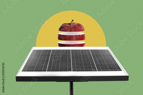 Digital collage with a solar photovoltaic panel and divided apple photo