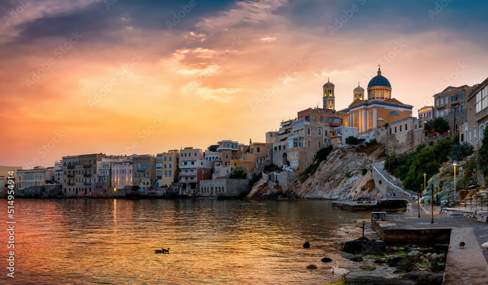 The cityscape of Ermoupoli town with the Vaporia district on Syros island, Cyclades, Greece, during summer sunset time