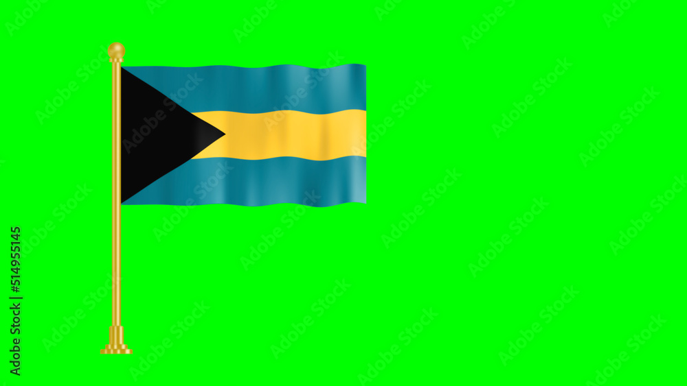 Bahamas flag in green background in smooth waving with golden pole. Bahamas flag in green background in smooth waving with golden pole.