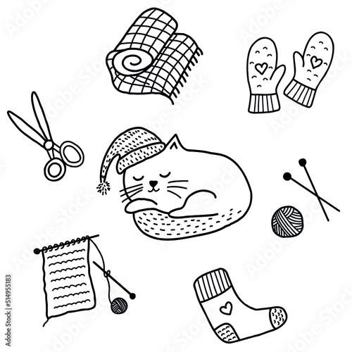 Set of icons for knitting, crochet, handmade. Knitting needle, scarf, sock, mittens, pattern, wool skeins and other DIY equipment. Set of line signs, logos with editable stroke for yarn shop or tailor