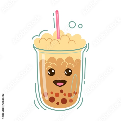Bubble tea cartoon character vector illustration. Comic plastic cup with smiling face, Taiwanese milk drinks with boba balls or tapioca on white