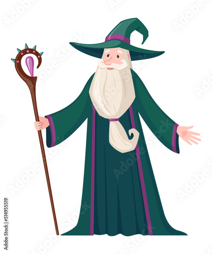 Cartoon wizard character with wand isolated on white background.