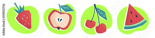 Summer fruits and berries. Apple, vrbuz, cherry, strawberry. Vector image.