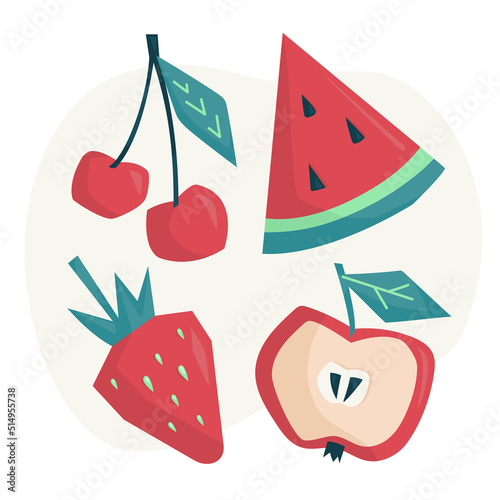 Summer fruits and berries. Apple, vrbuz, cherry, strawberry. Vector image.