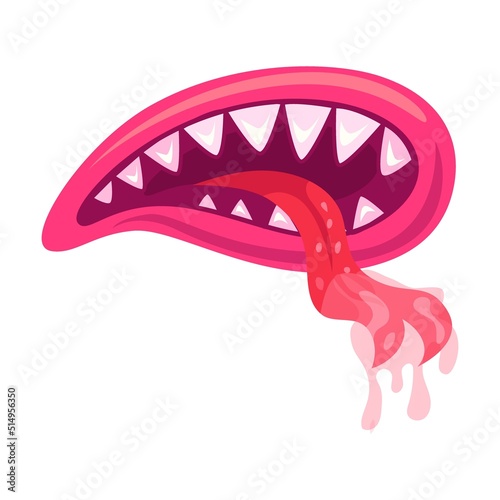 Monster red mouth illustration in cartoon style. Cute creature mouth with tongue and teeth and dripping saliva. Halloween caricature monster